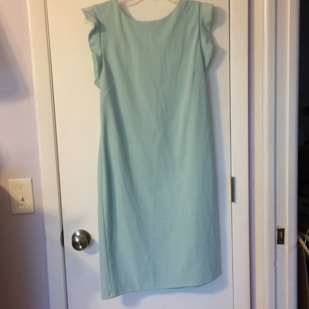 En Focus Feminine Dress Ruffled Cap Sleeves Zip Back Aqua Color Size 14